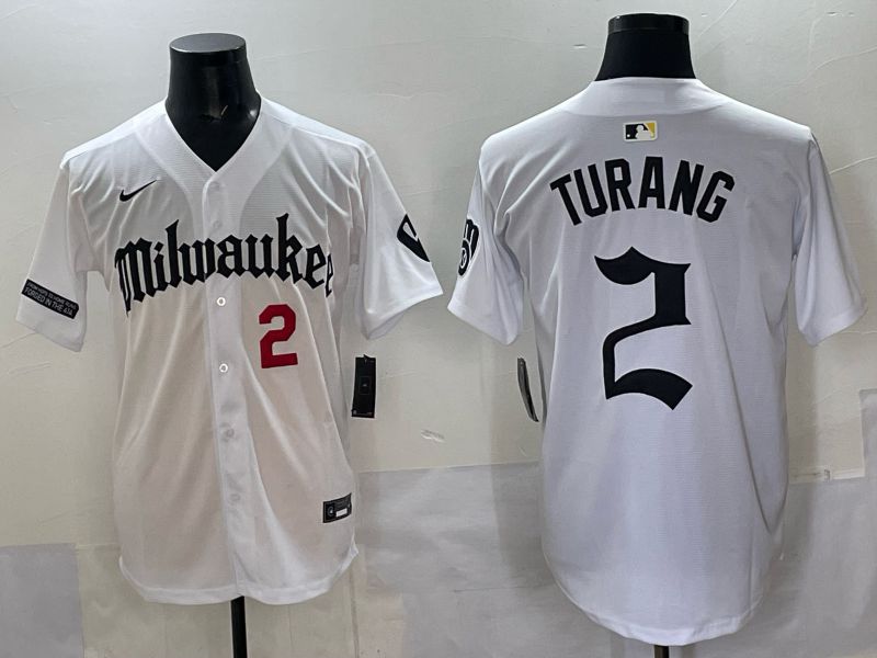 Men 2025 Milwaukee Brewers #2 Turang White Five generations Joint Name Nike MLB Jersey style 2->milwaukee brewers->MLB Jersey